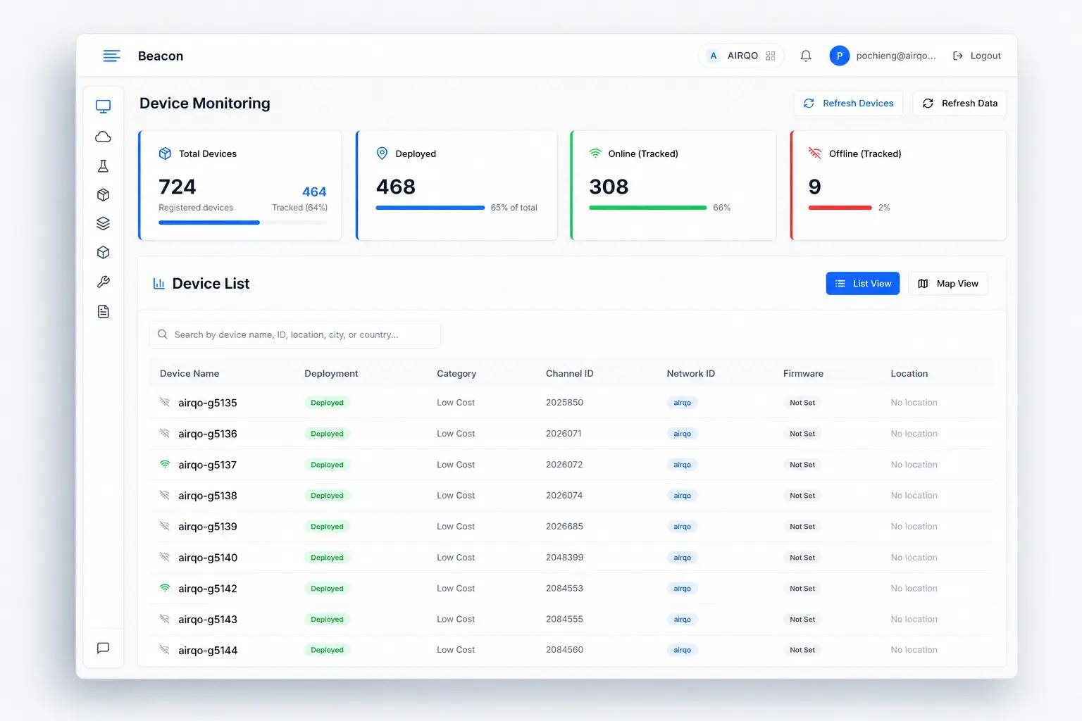 AirQo Beacon device monitoring dashboard product showcase