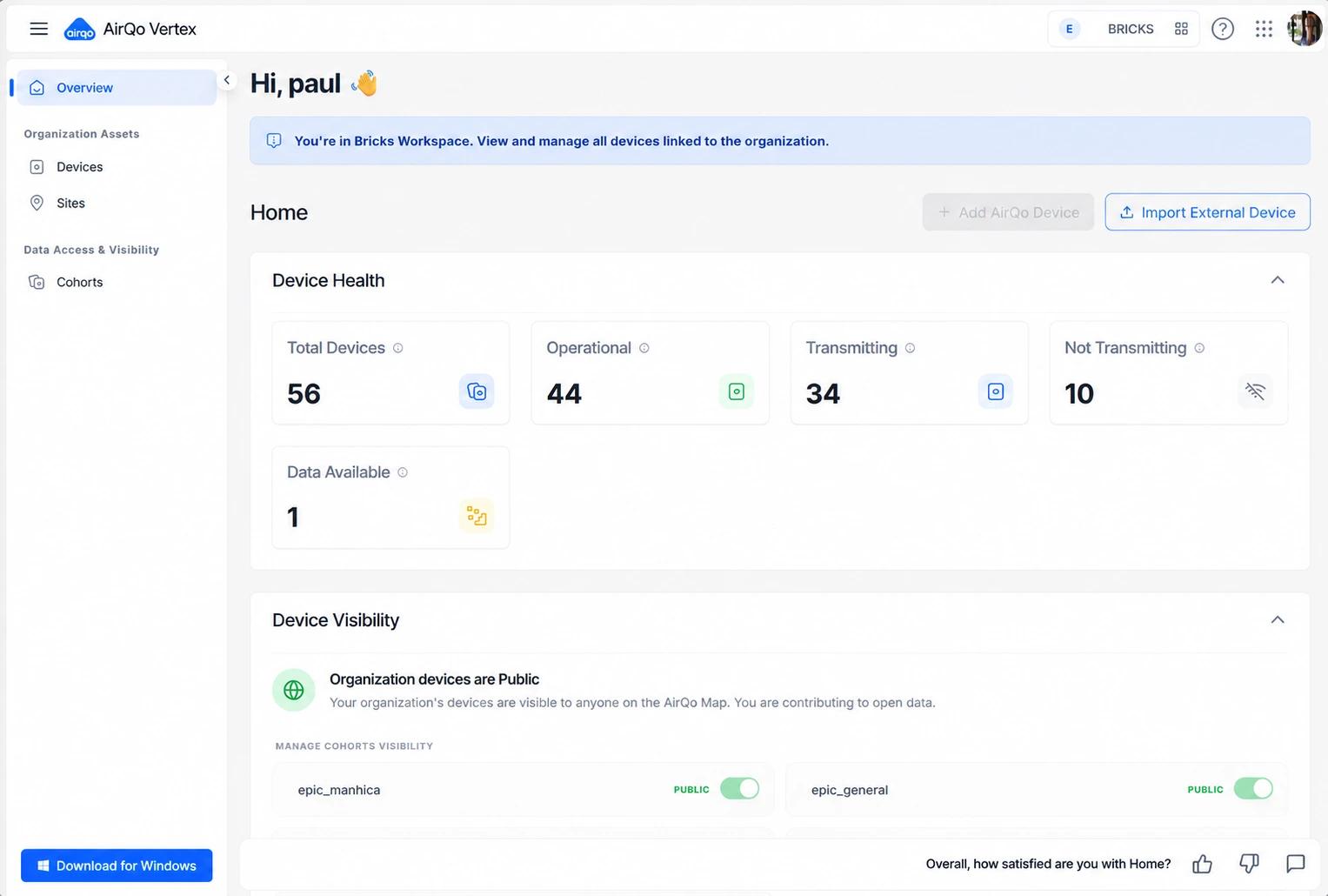 AirQo Vertex application interface with device health and visibility sections